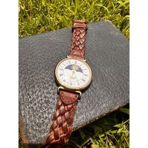 33MM Men's Pulsar Moonphase GoldVintage Quartz Wristwatch with Leather | WORKING